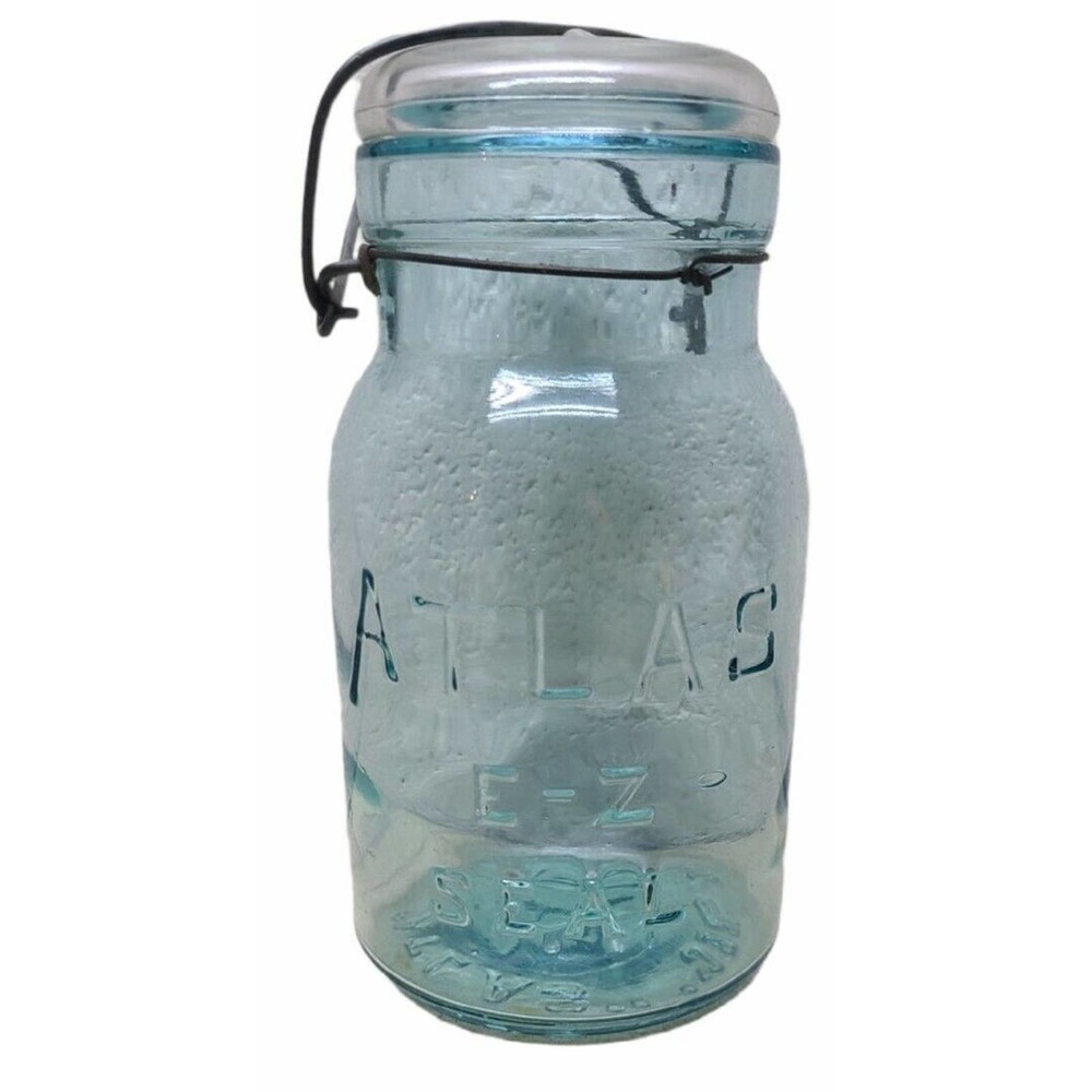 Atlas E-Z Seal Fruit Canning Jar Quart, Cornflower Blue with Clear Lid.